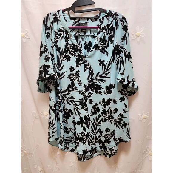WORTHINGTON WOMENS XL BABY BLUE FLORAL LEAF BLOUSE SHEER V NECK TROPICAL POPOVER - Picture 1 of 12